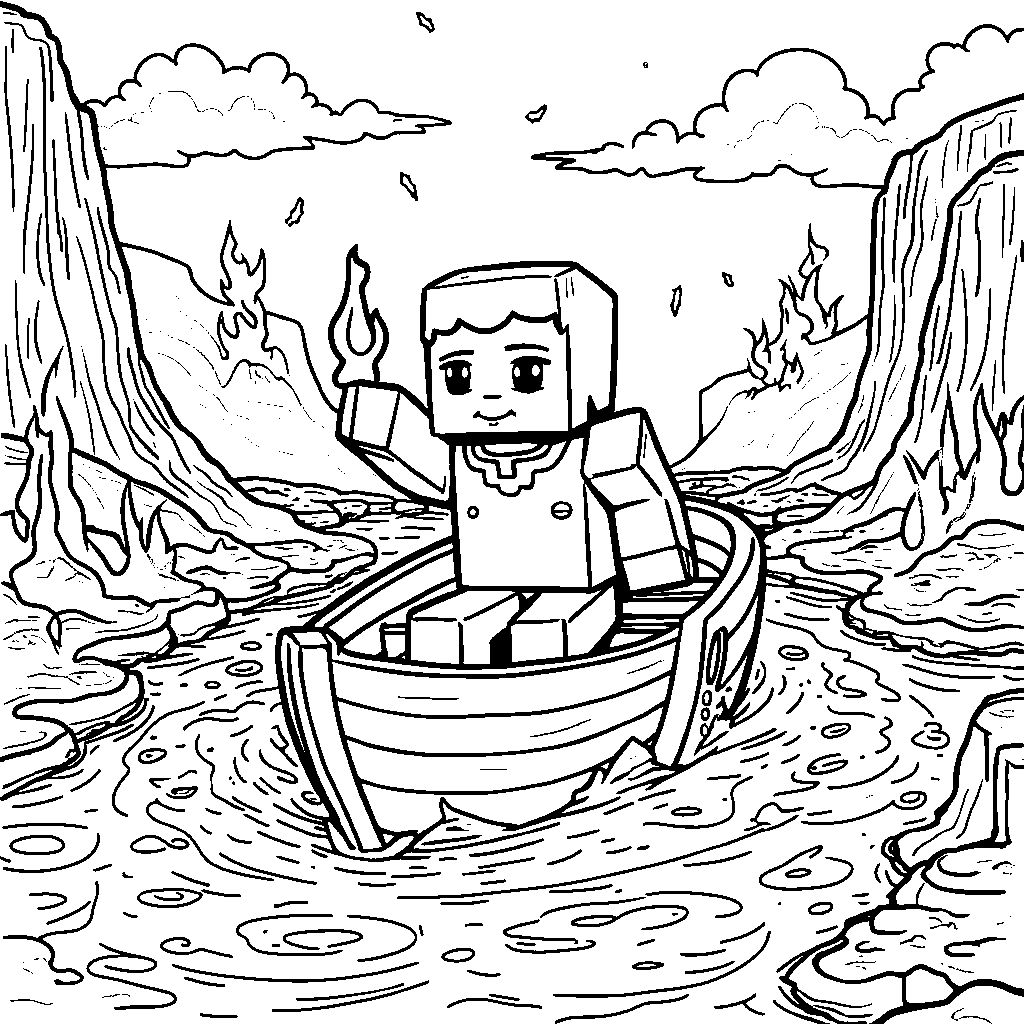 A Minecraft character riding a boat through a river of lava