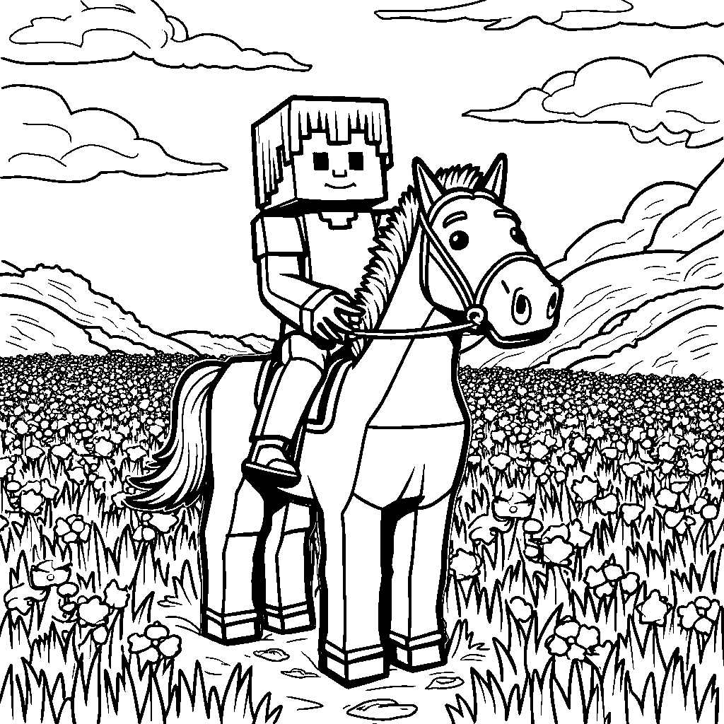 A Minecraft character riding a horse through a field of flowers