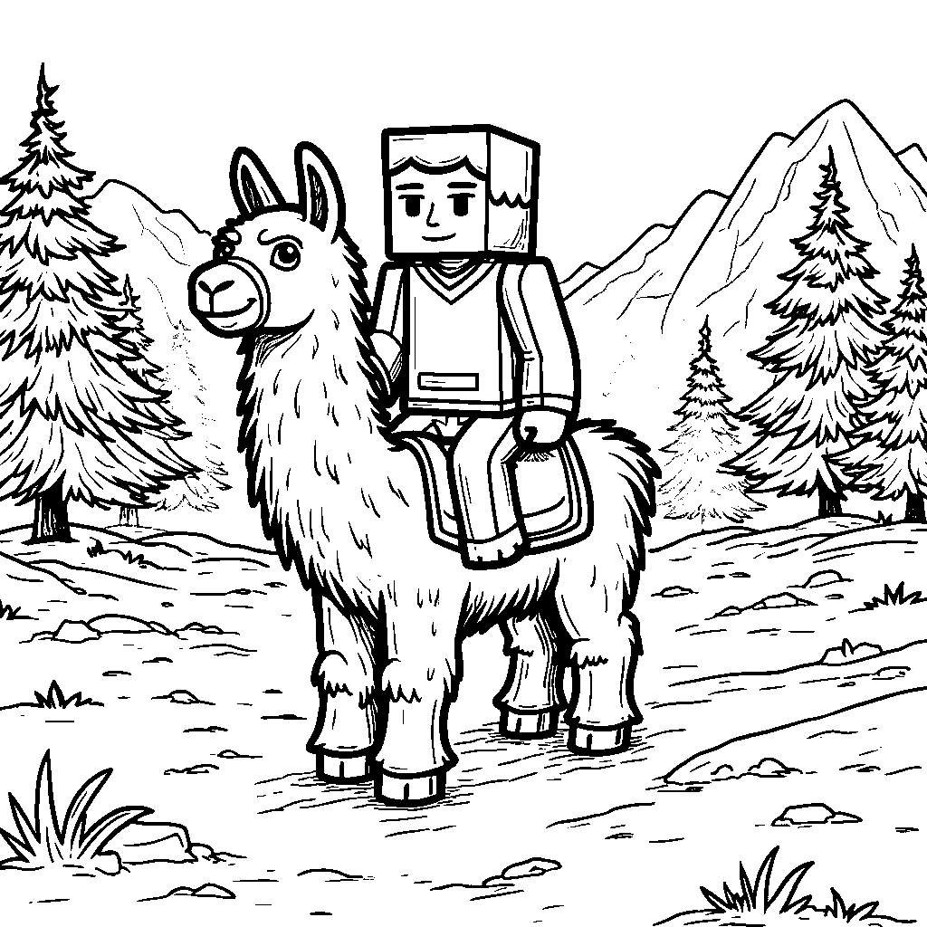 A Minecraft character riding a llama through a snowy landscape