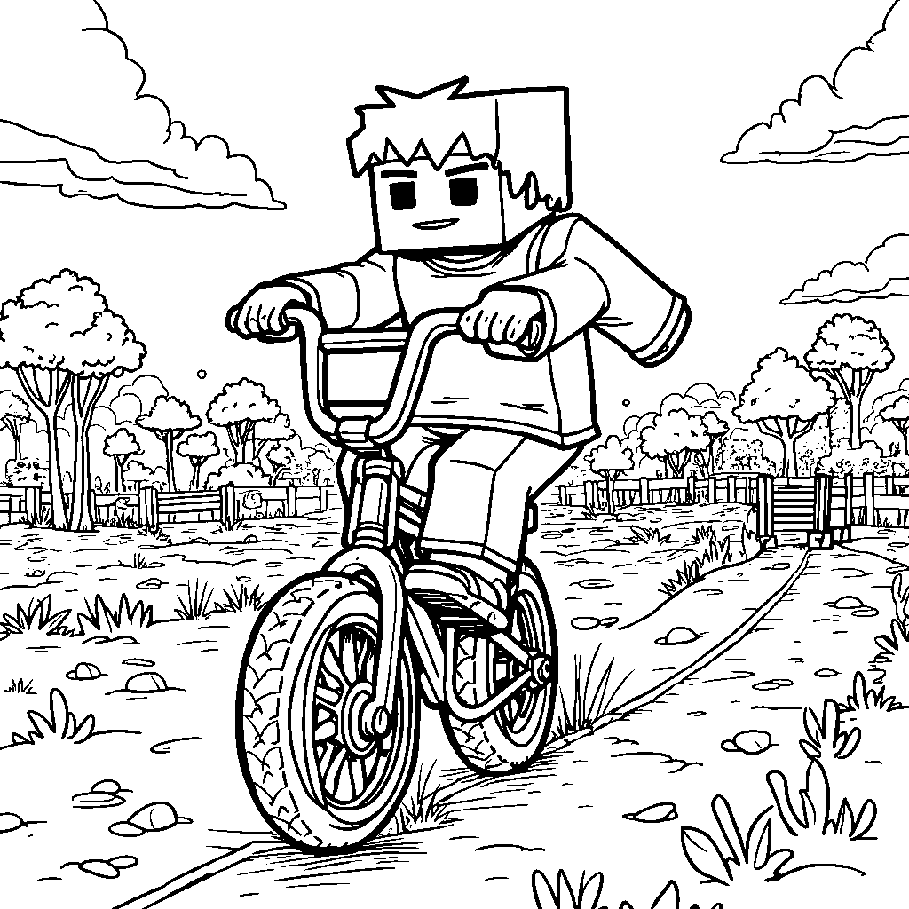 A Minecraft character riding a unicycle through an obstacle course