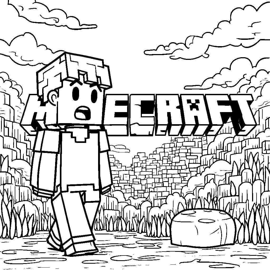 A Minecraft character standing in front of a giant Minecraft logo