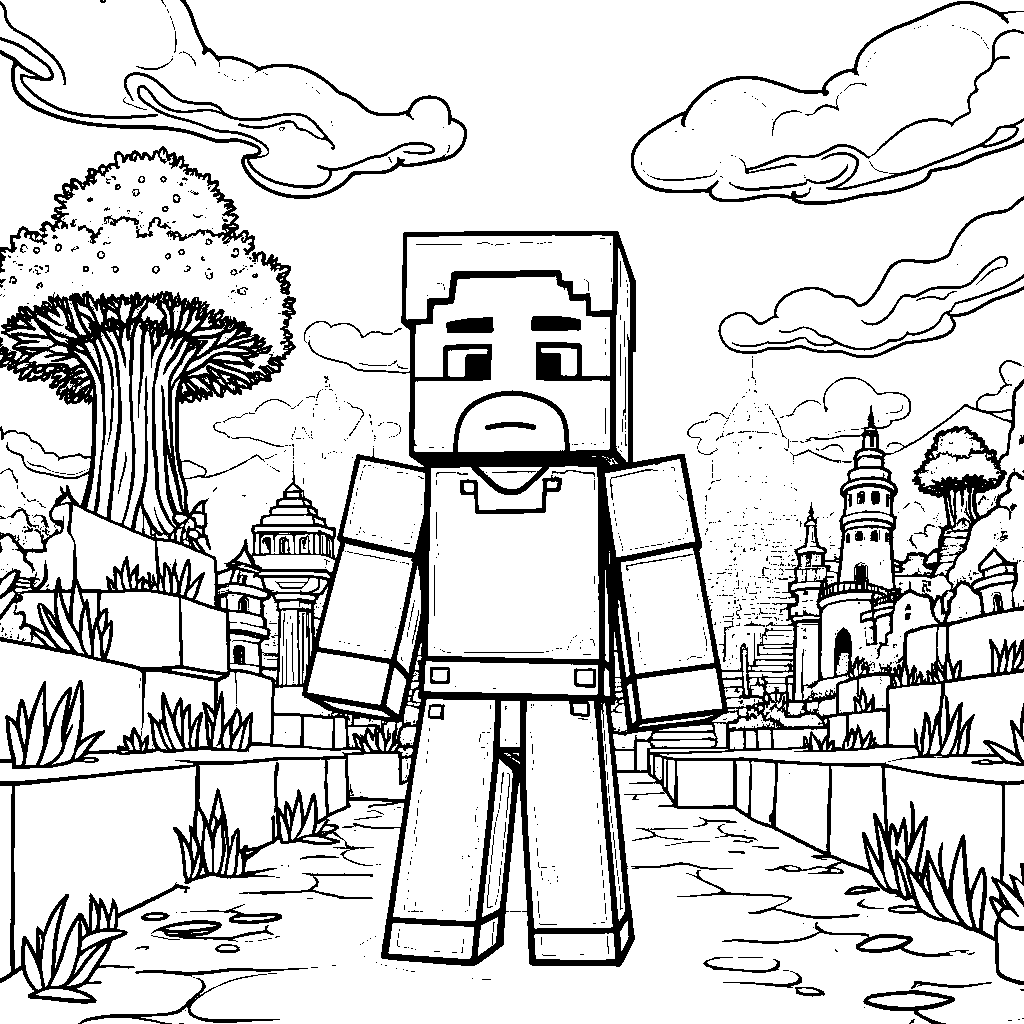 A Minecraft character standing in front of a giant Minecraft-themed mural