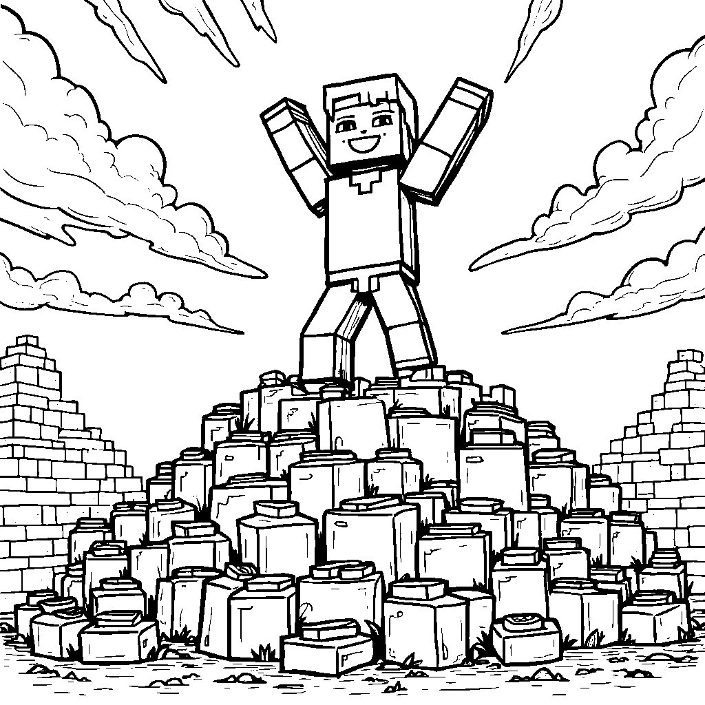 A Minecraft character standing on top of a giant pile of blocks