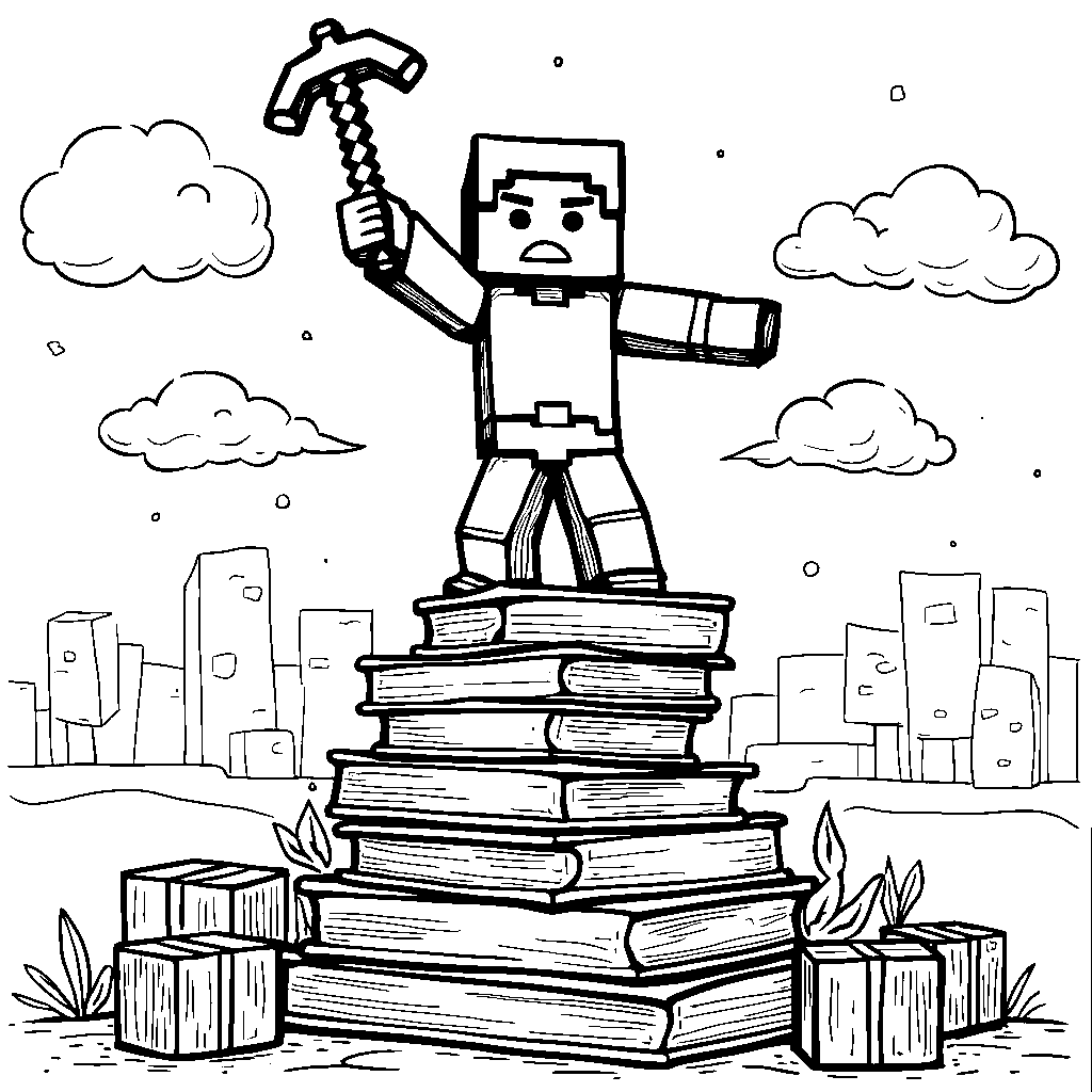 A Minecraft character standing on top of a giant stack of books