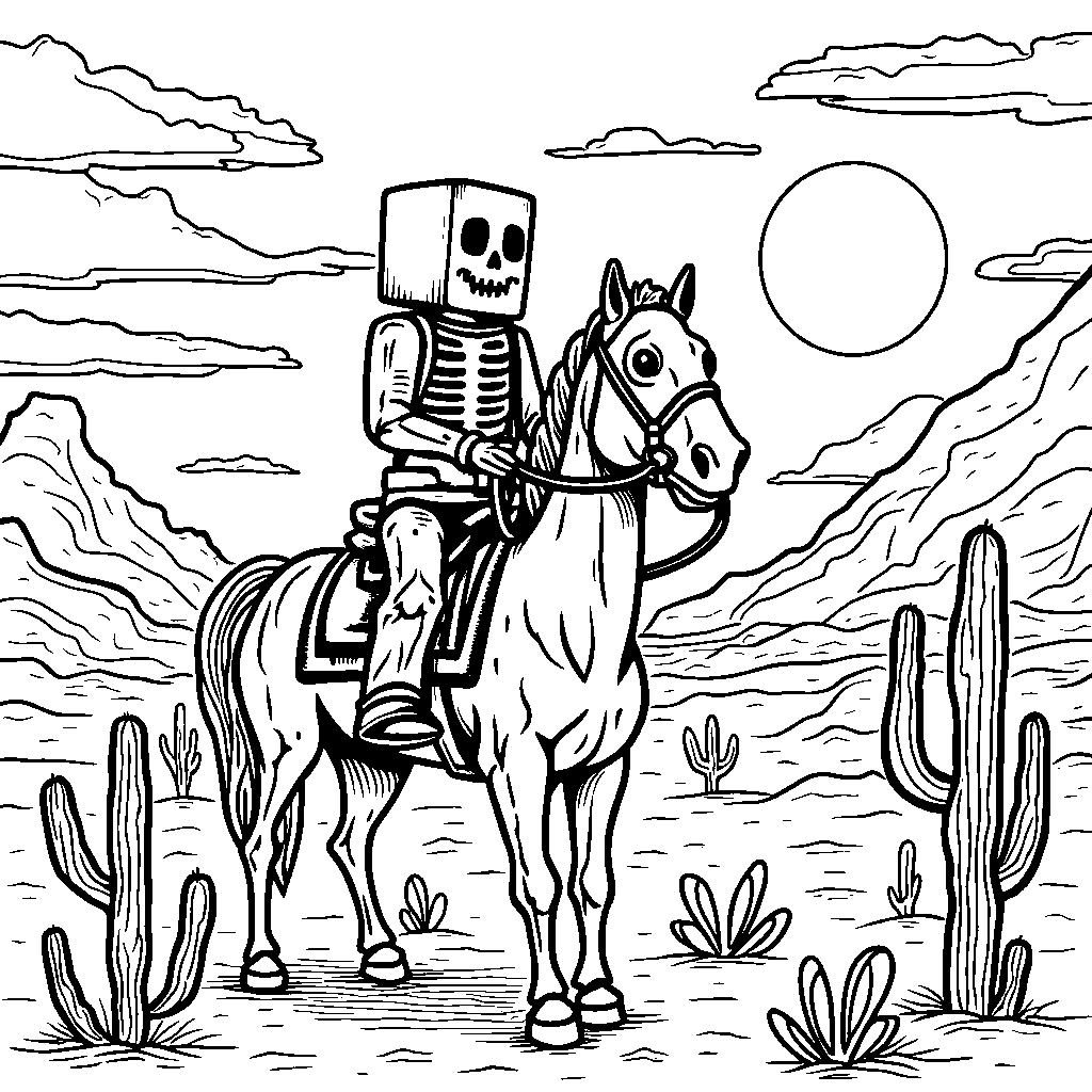 A Minecraft skeleton riding a horse through a desert