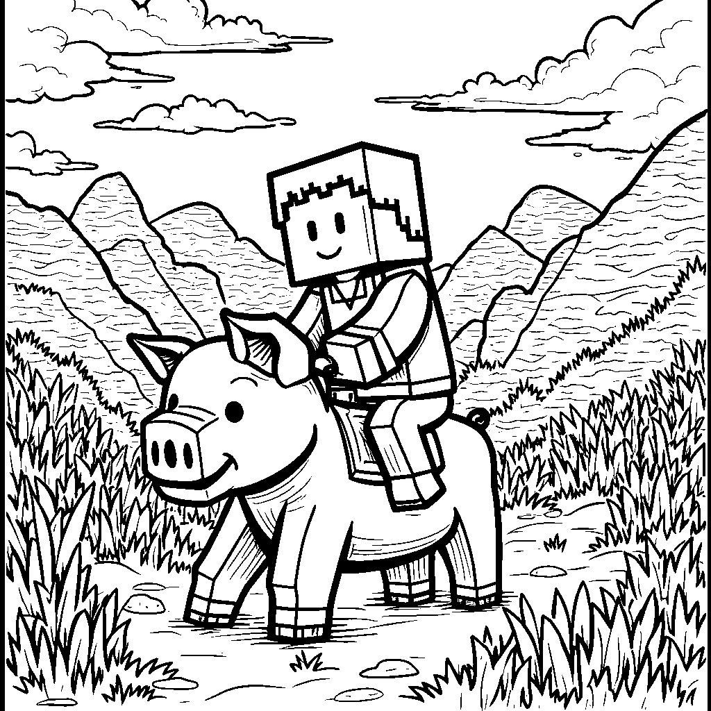 Minecraft Steve riding a pig through a blocky landscape