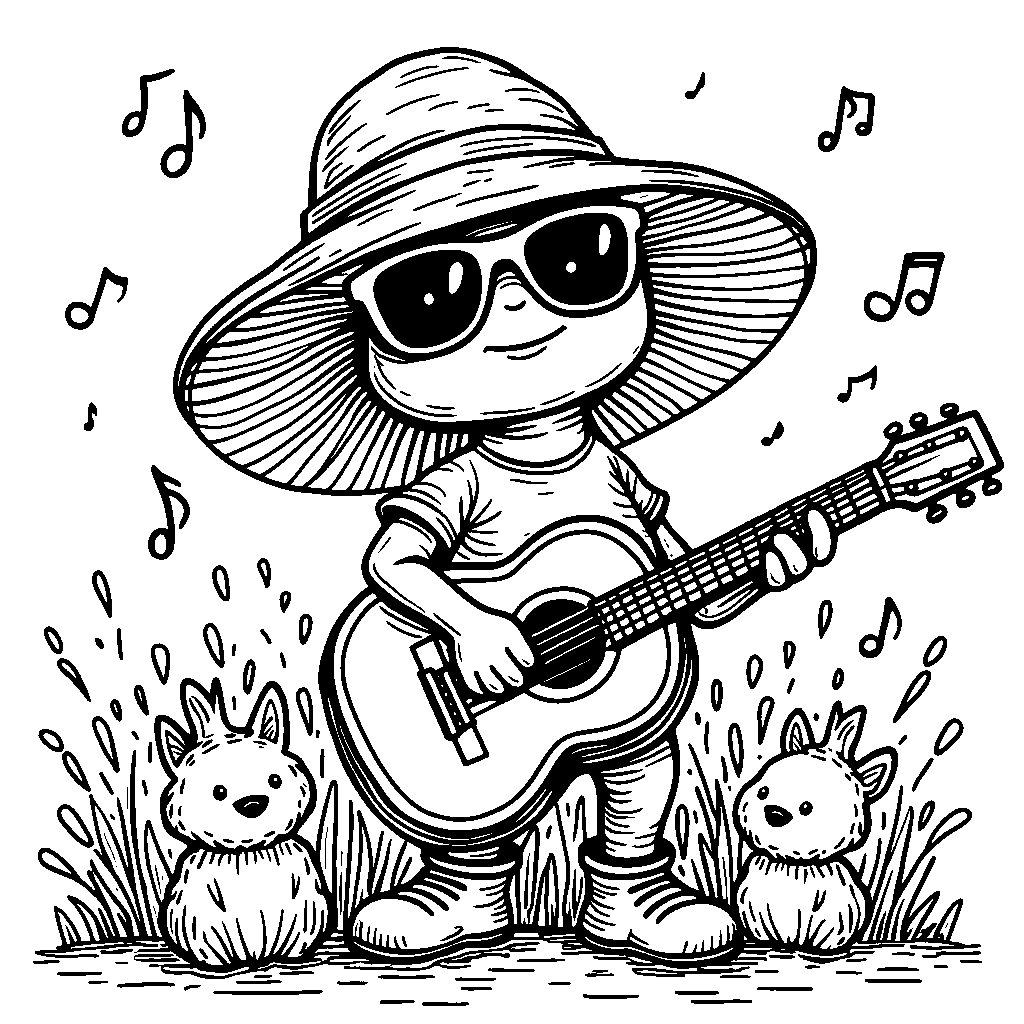 A happy mushroom playing a guitar