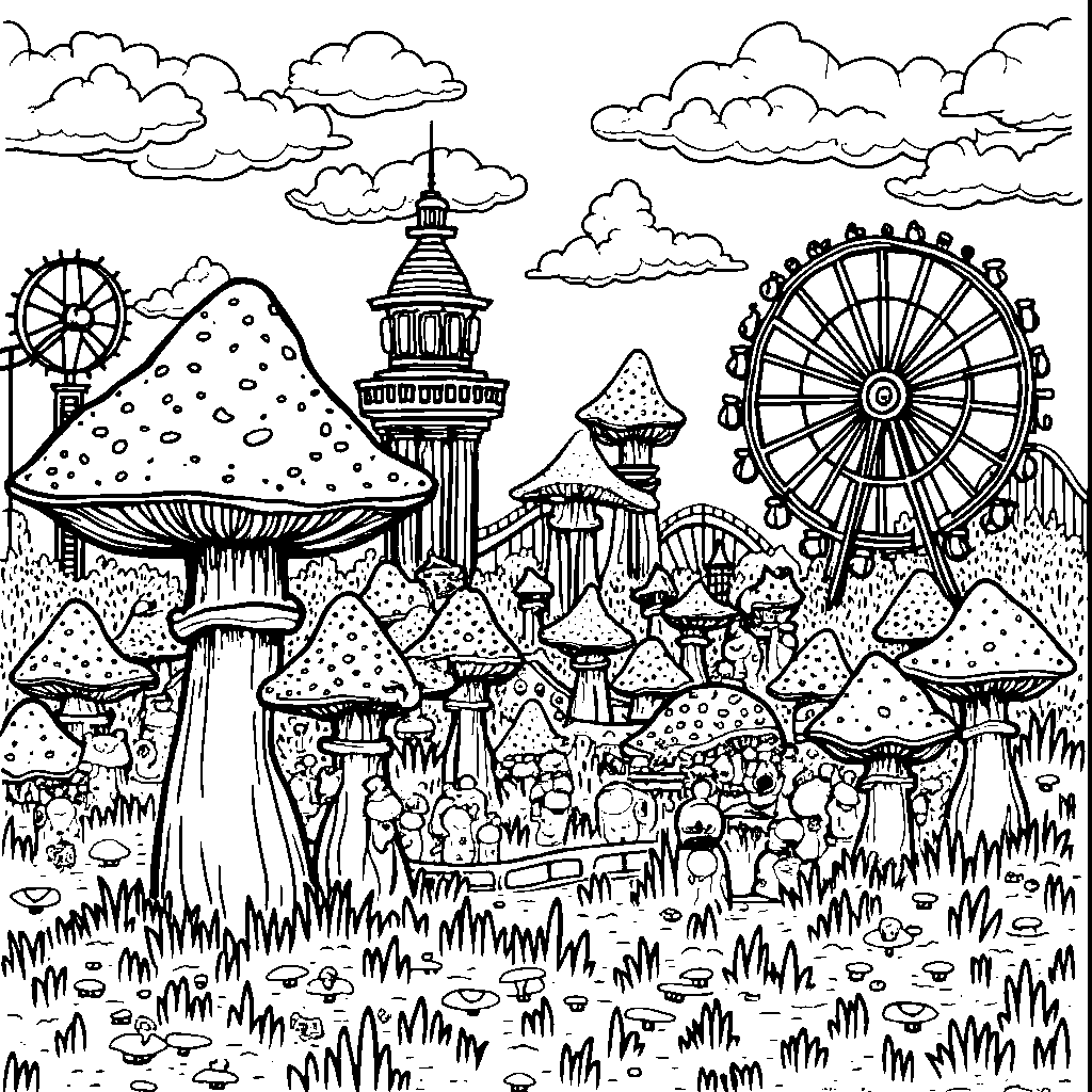 A mushroom amusement park with roller coasters