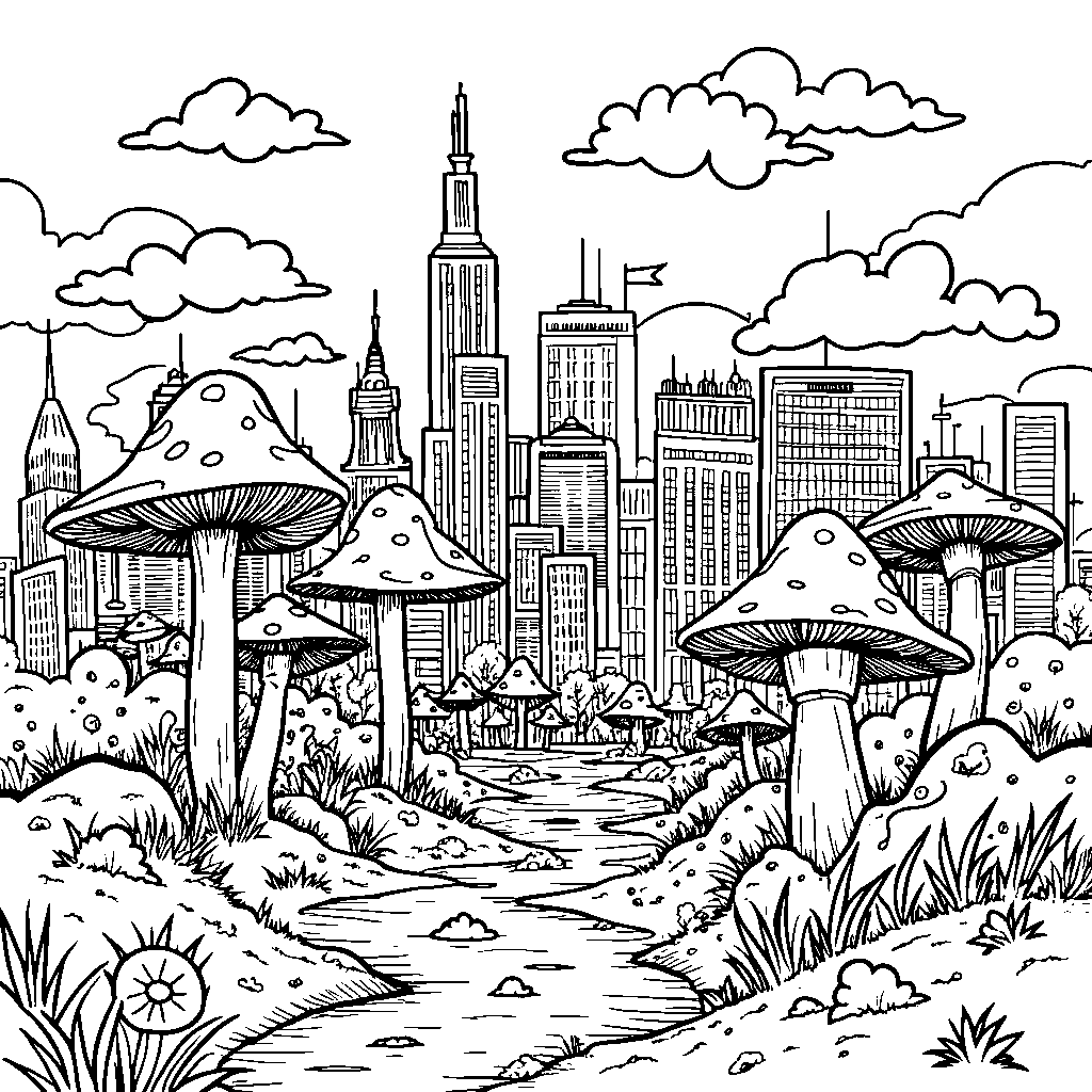 A mushroom city with skyscrapers and cars