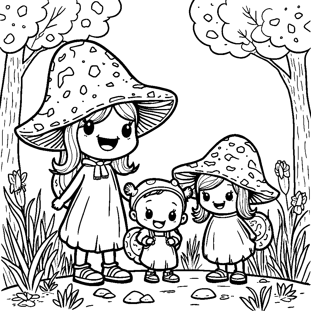 A mushroom family going on a hike