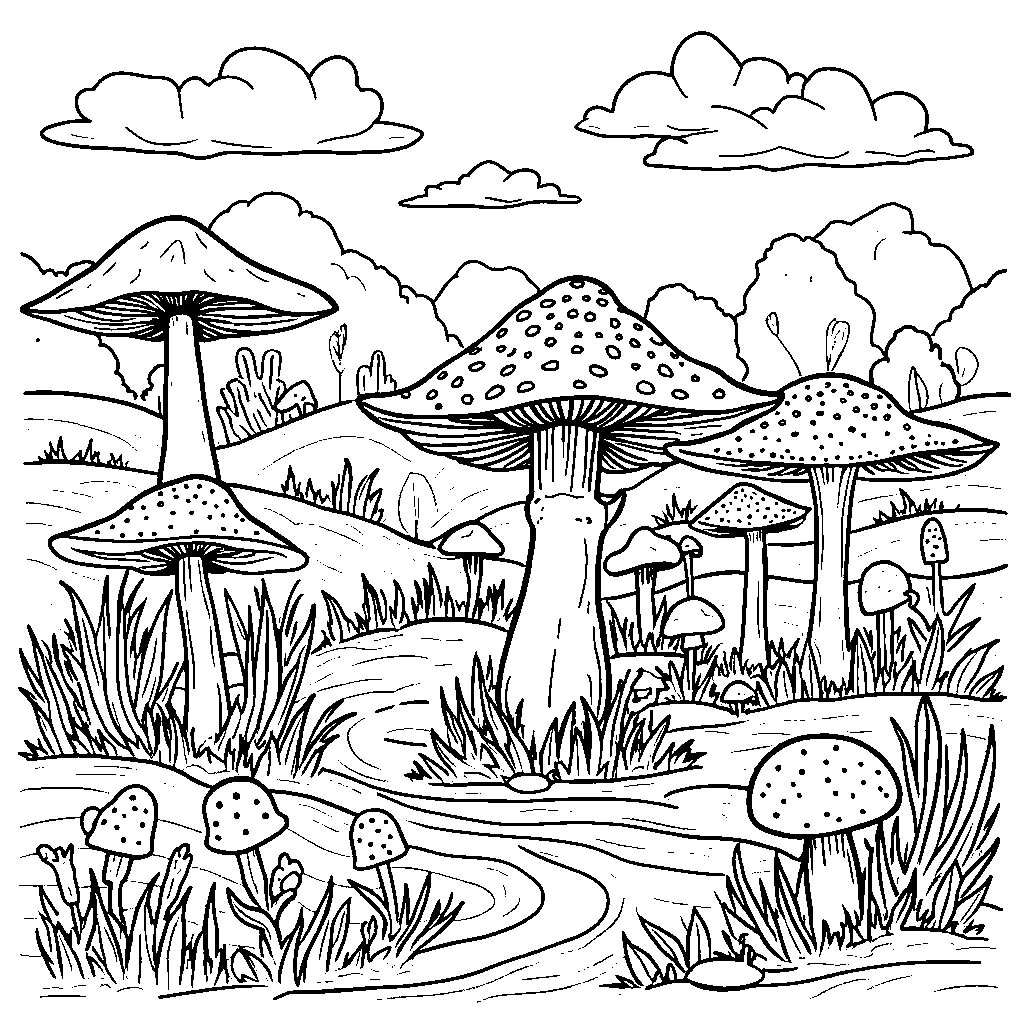 A mushroom farm with animals and crops