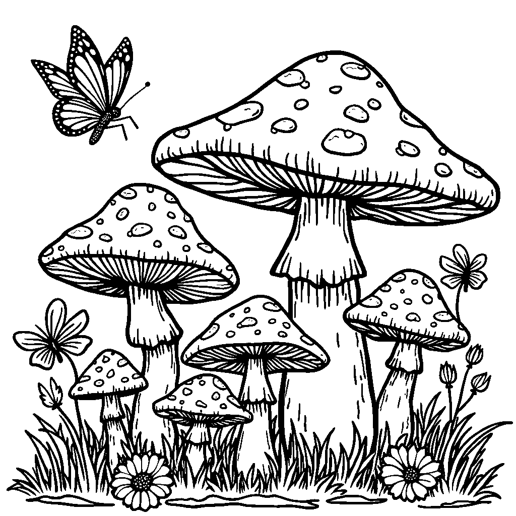 A mushroom garden with flowers and butterflies