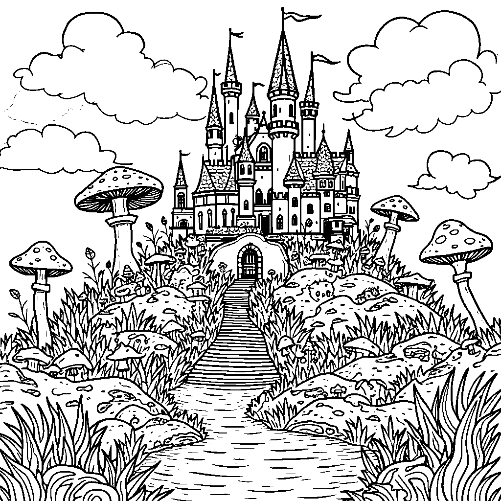 A mushroom kingdom with a castle and moat