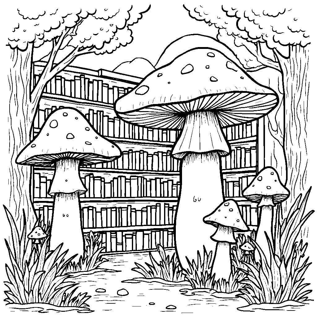 A mushroom library with books and reading nooks