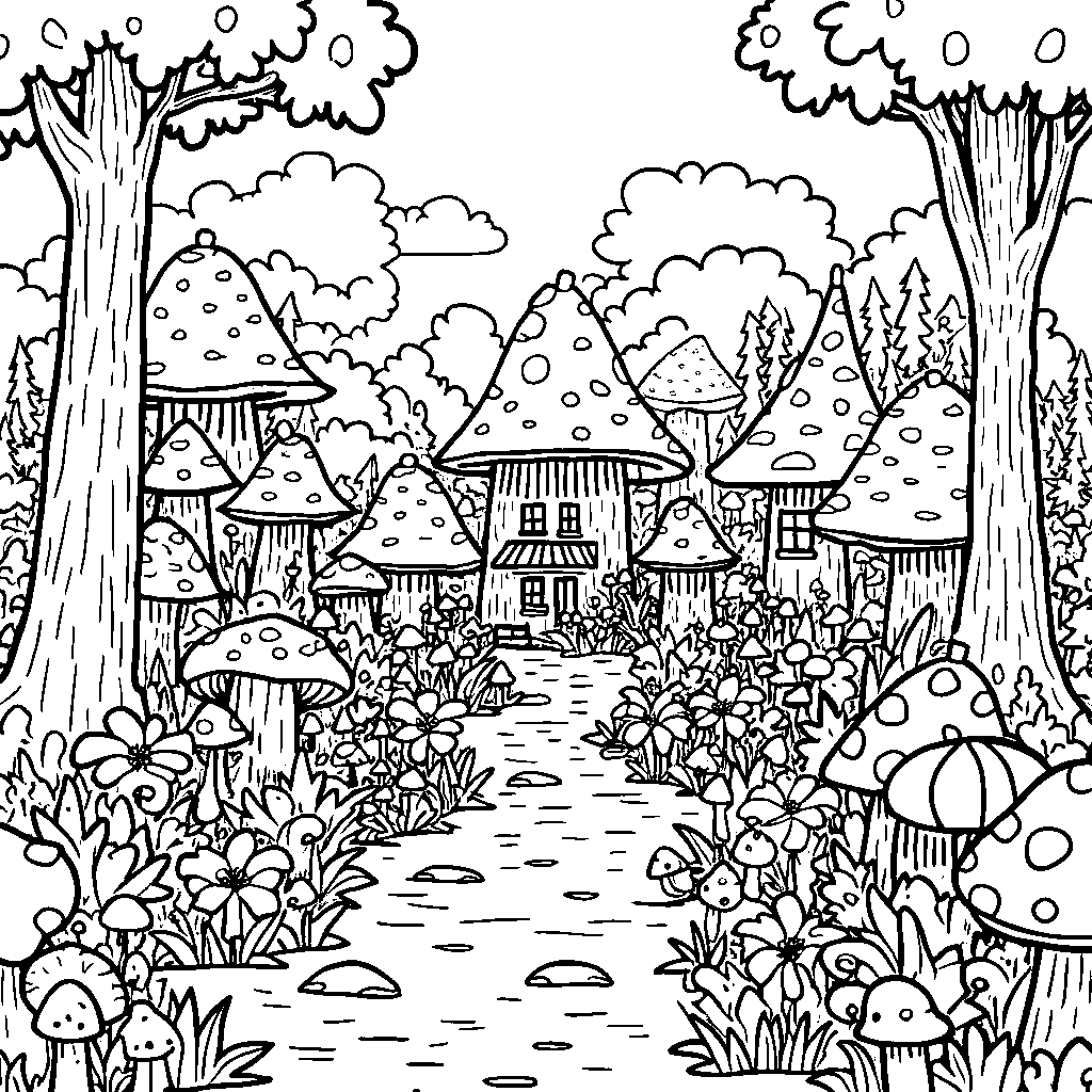 A mushroom village with tiny houses and shops