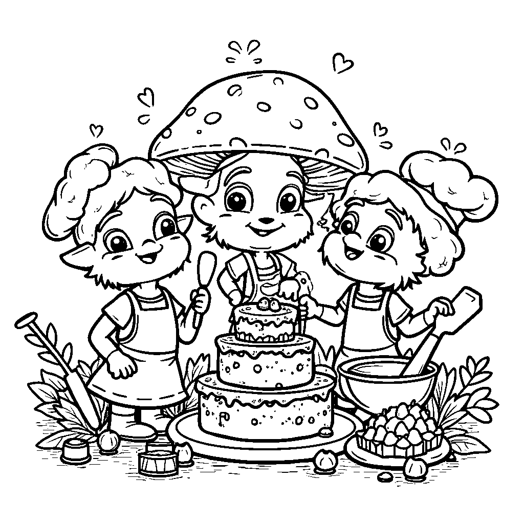 Mushroom chefs baking a cake