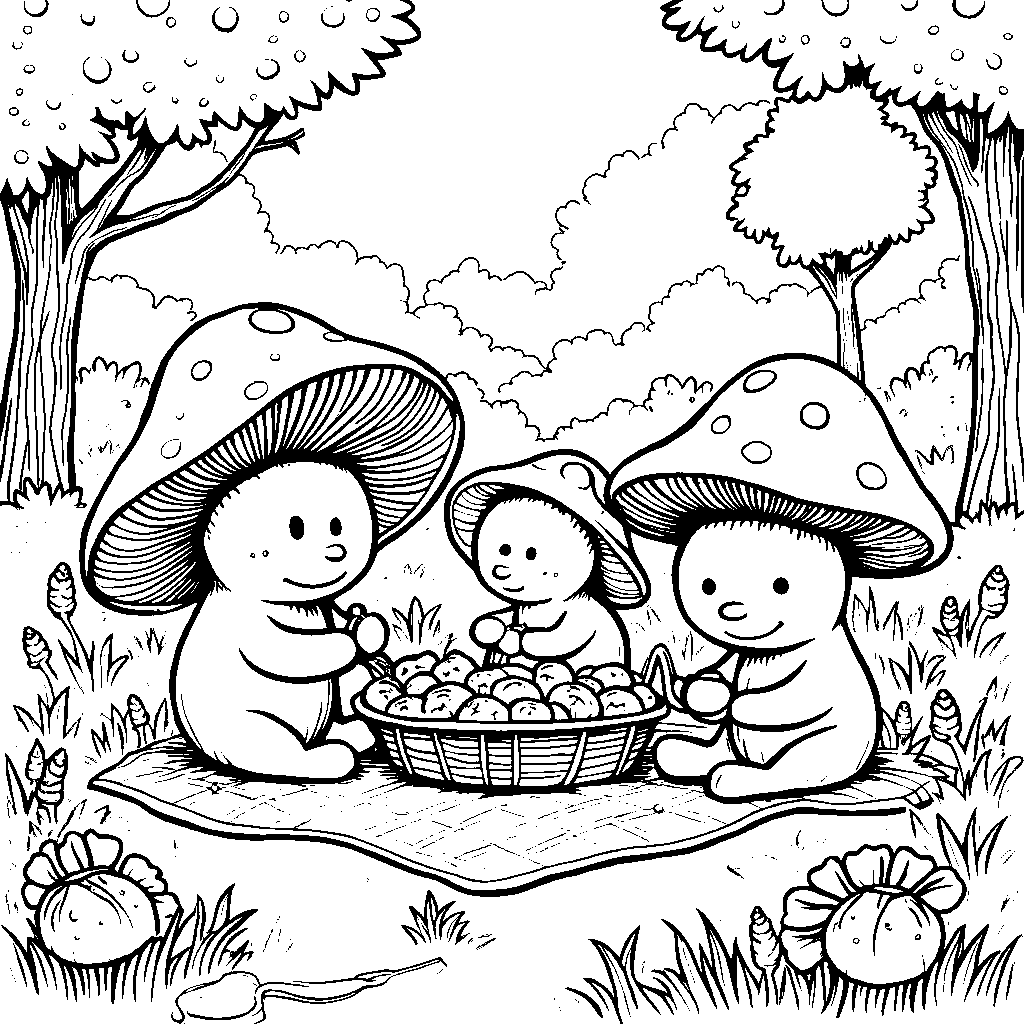 Mushroom friends having a picnic in the forest