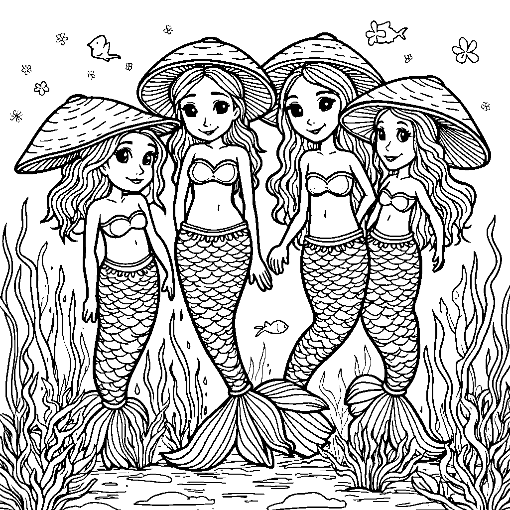 Mushroom mermaids swimming in the ocean