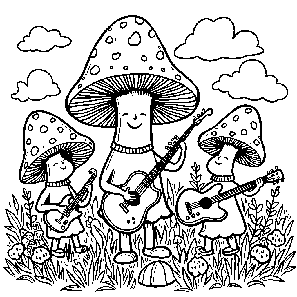 Mushroom musicians playing in a band