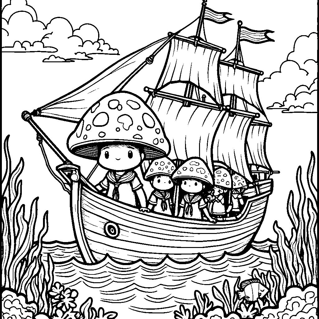 Mushroom sailors navigating through the sea