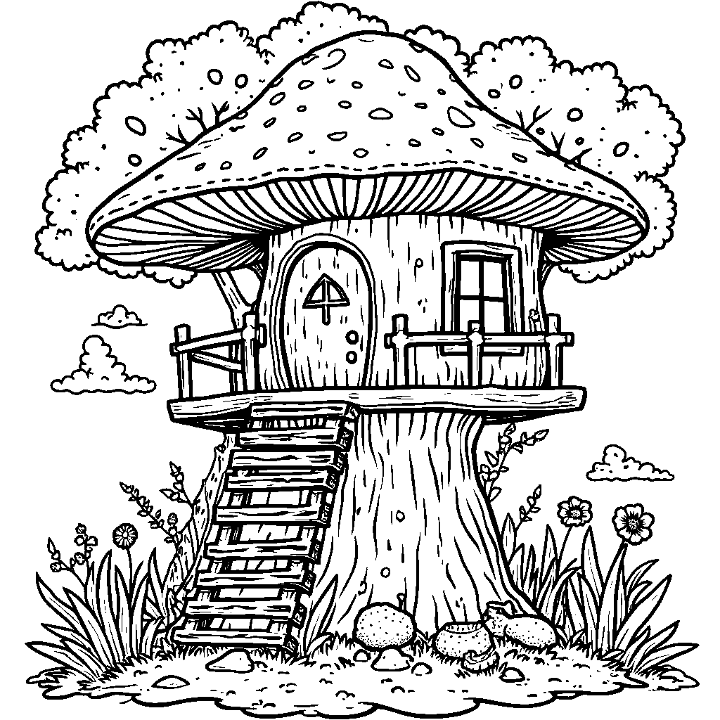 A mushroom treehouse with a rope ladder