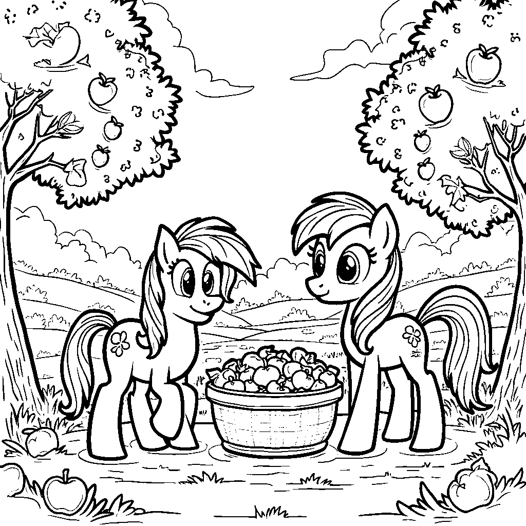 Applejack and her friends harvesting apples in an orchard