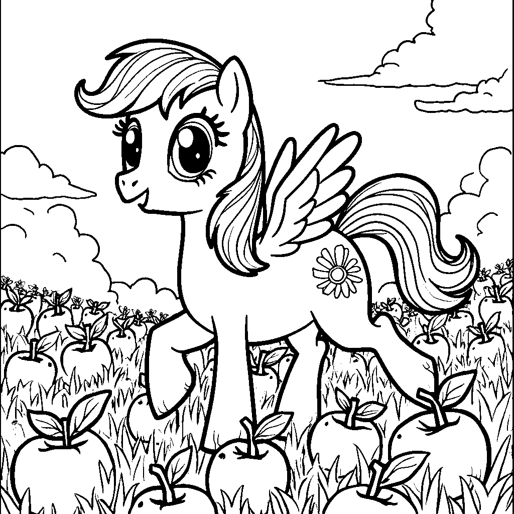 Applejack riding a horse through a field of apples