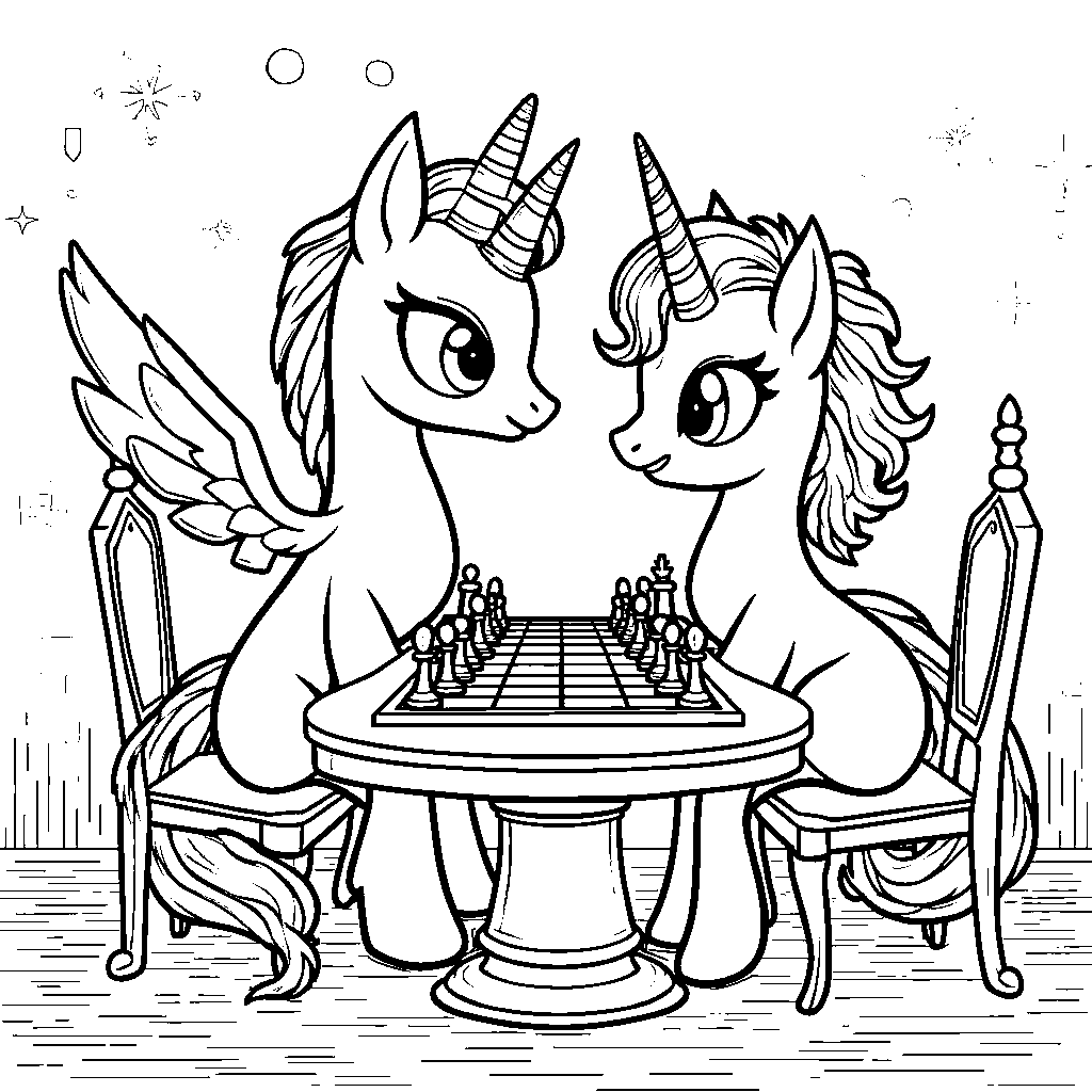 Discord playing a game of chess with Princess Celestia