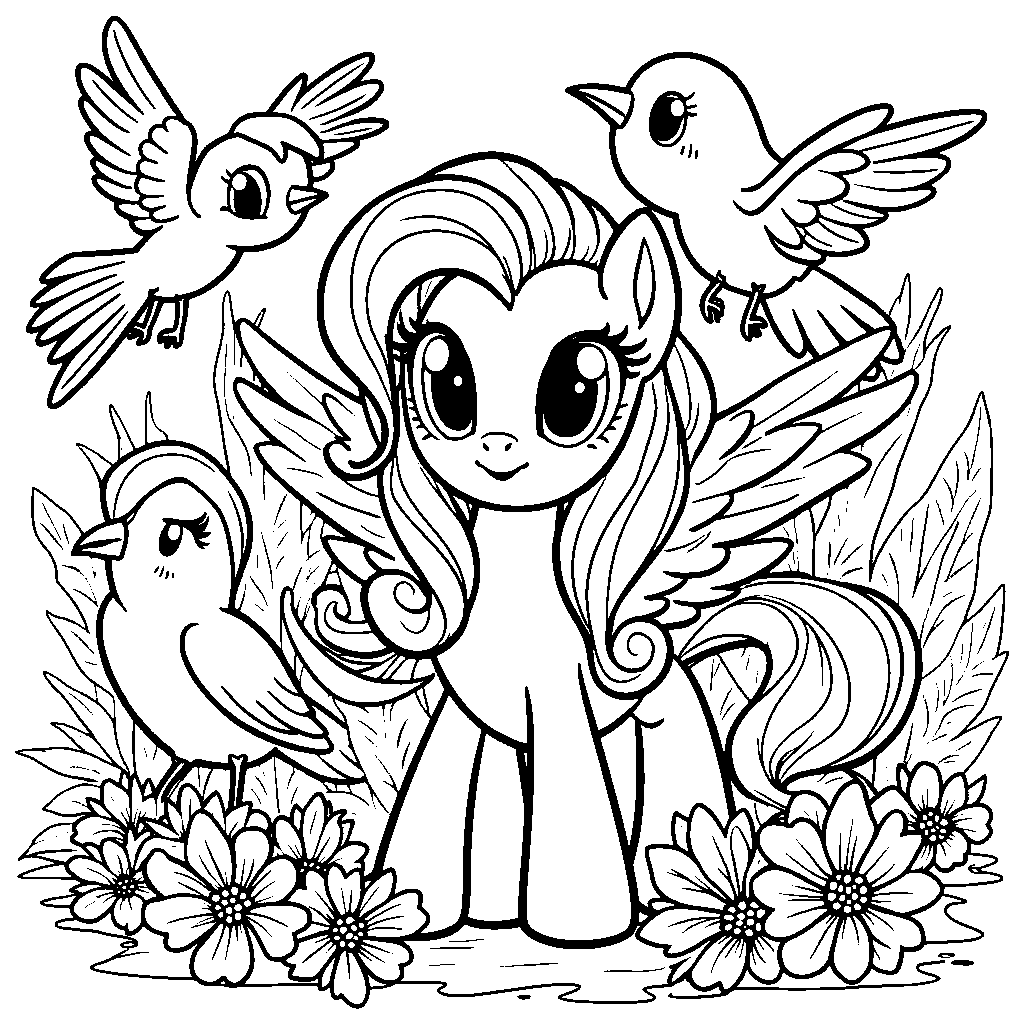 Fluttershy surrounded by a flock of colorful birds