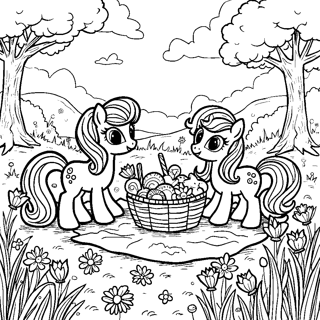 My Little Pony friends having a picnic in a meadow