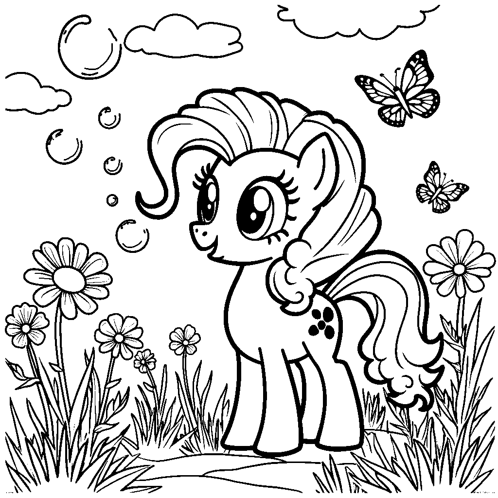 Pinkie Pie blowing bubbles in a sunny meadow