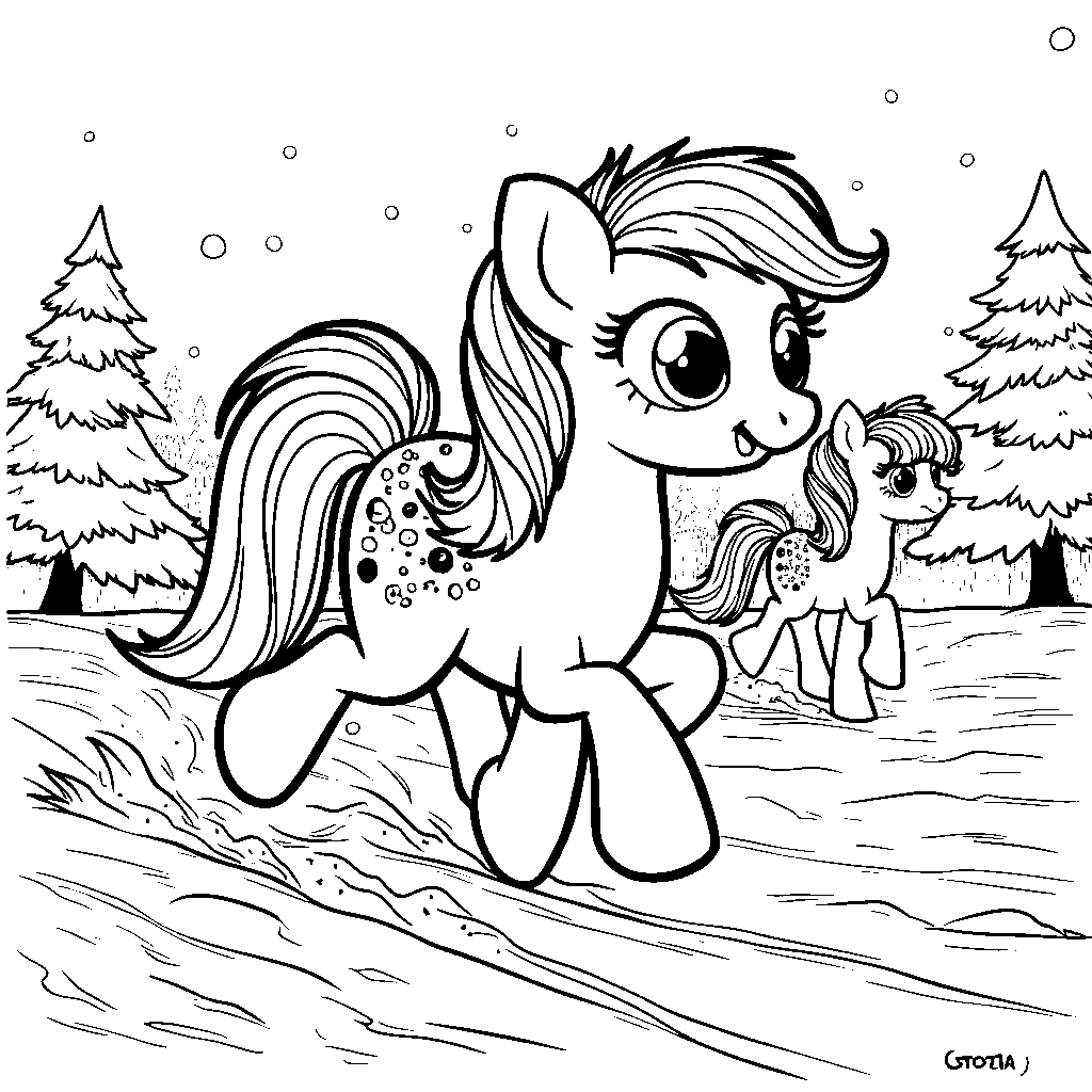 Rainbow Dash racing her friends in a thrilling snowball fight