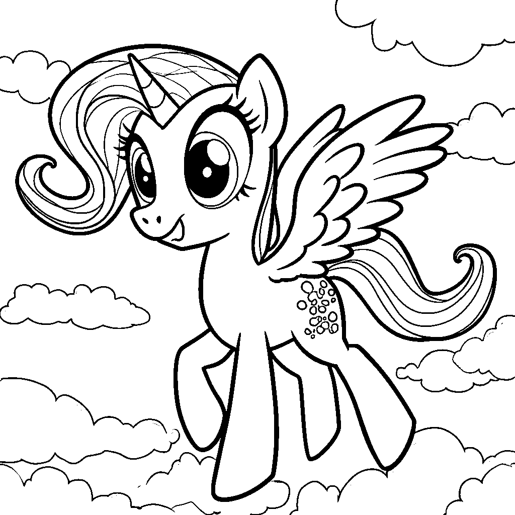 Rainbow Dash soaring through the clouds with her wings spread wide