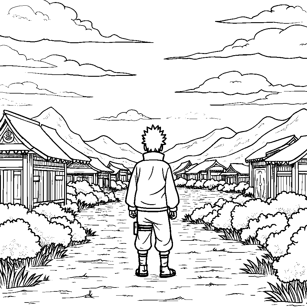 A Konoha village landscape with Naruto in the distance