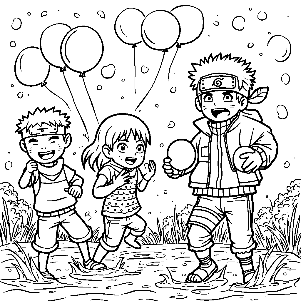 Naruto and his friends having a water balloon fight