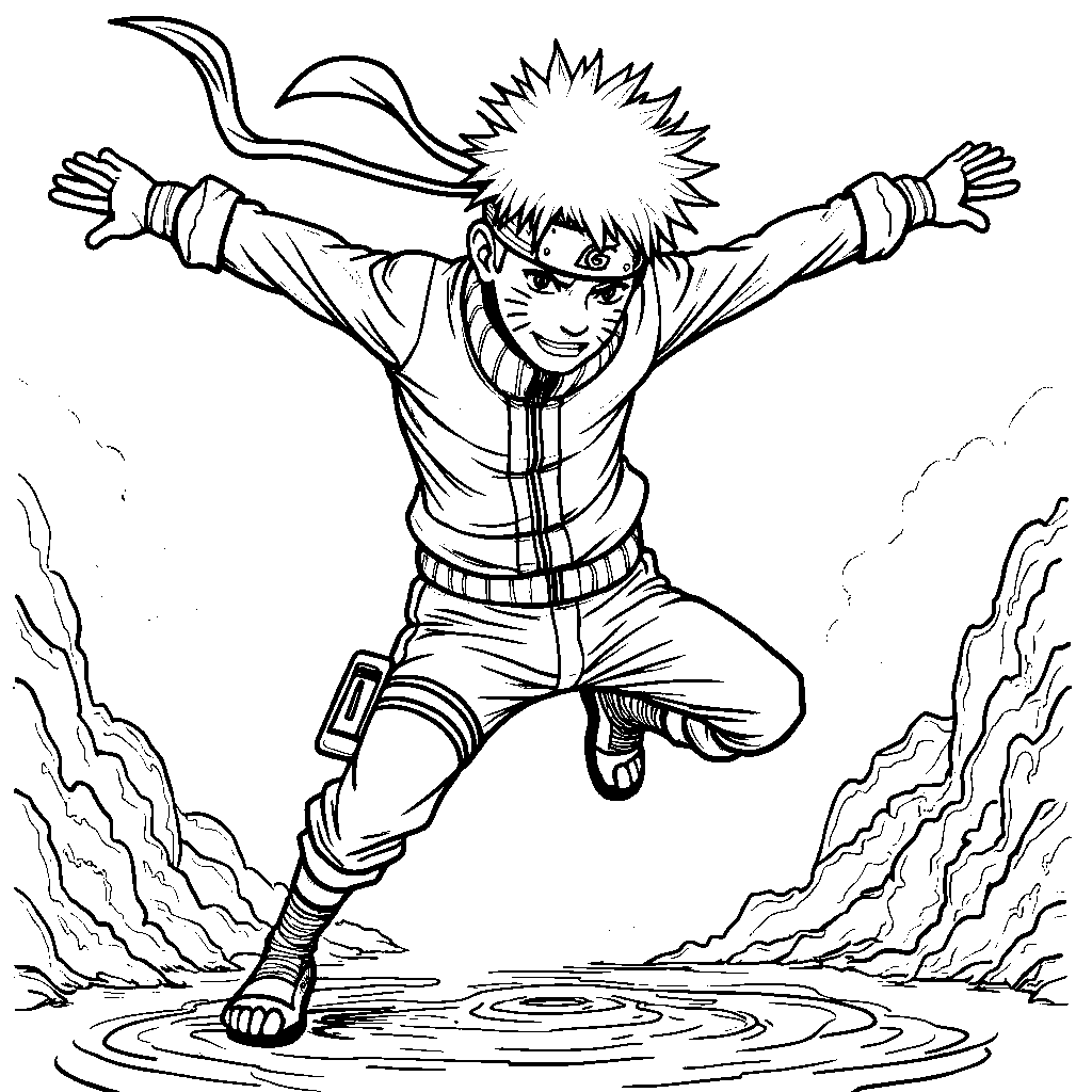 Naruto doing a backflip in mid-air