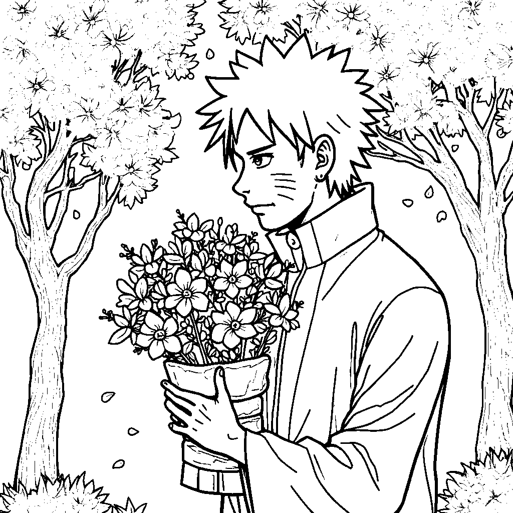 Naruto holding a bouquet of cherry blossoms