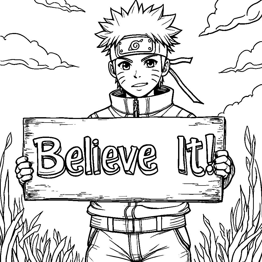 Naruto holding a sign that says 'Believe It!'