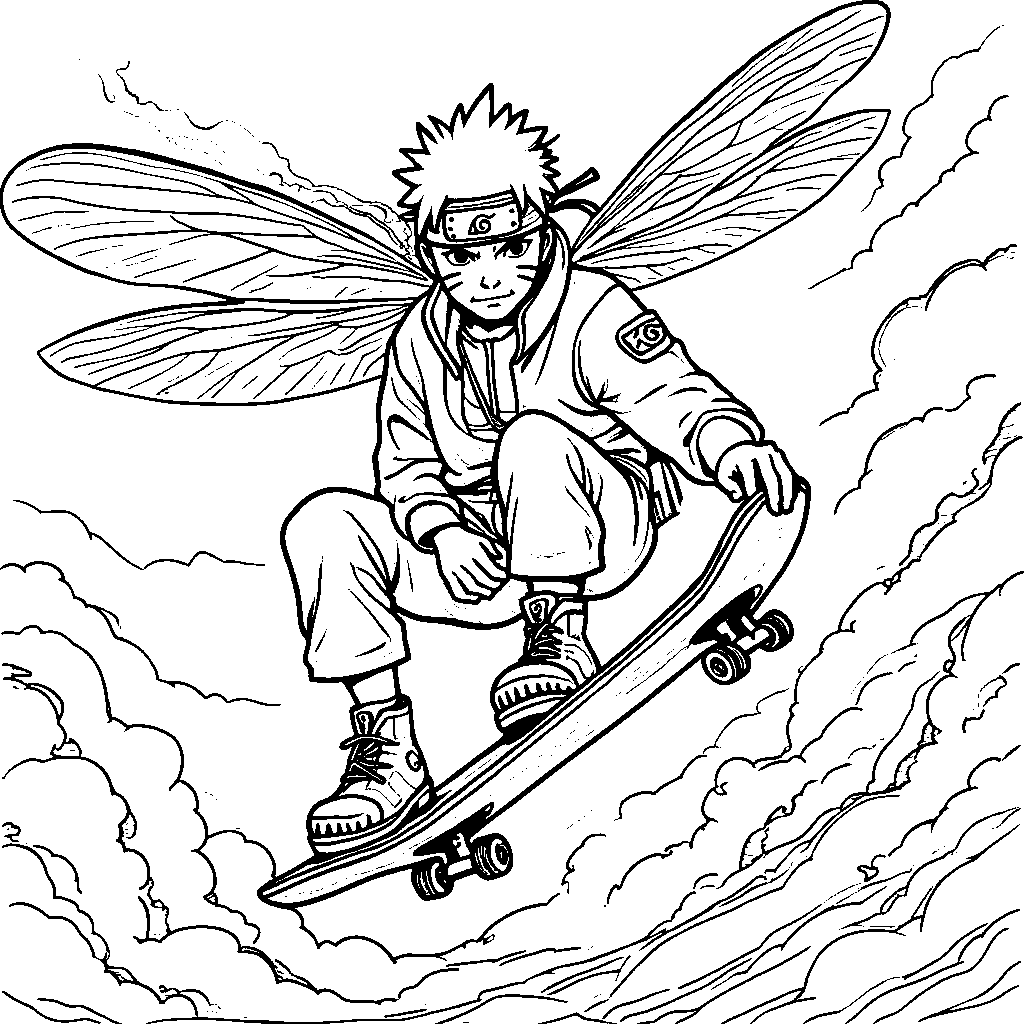 Naruto riding a dragonfly like a skateboard