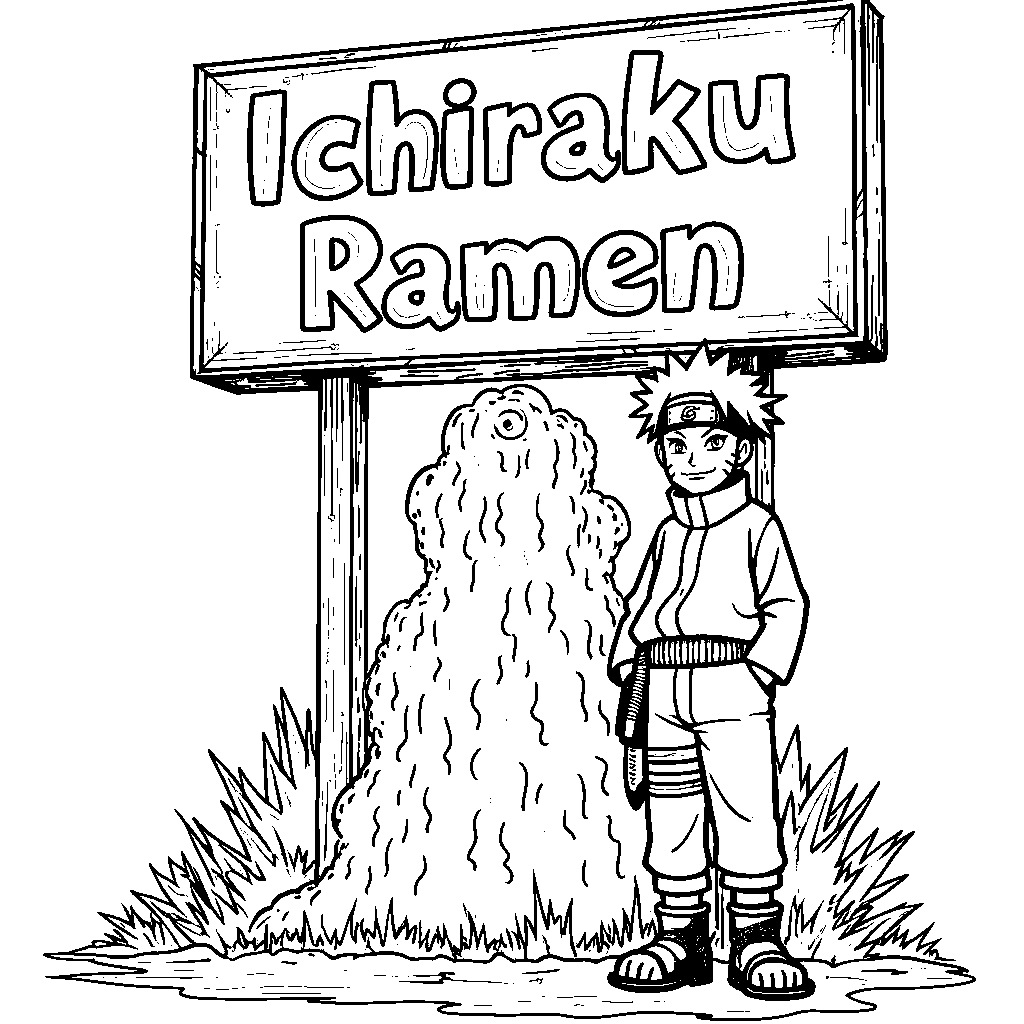 Naruto standing in front of a giant Ichiraku Ramen sign