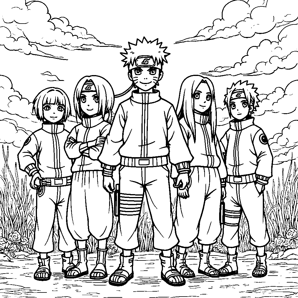 Naruto surrounded by his ninja friends