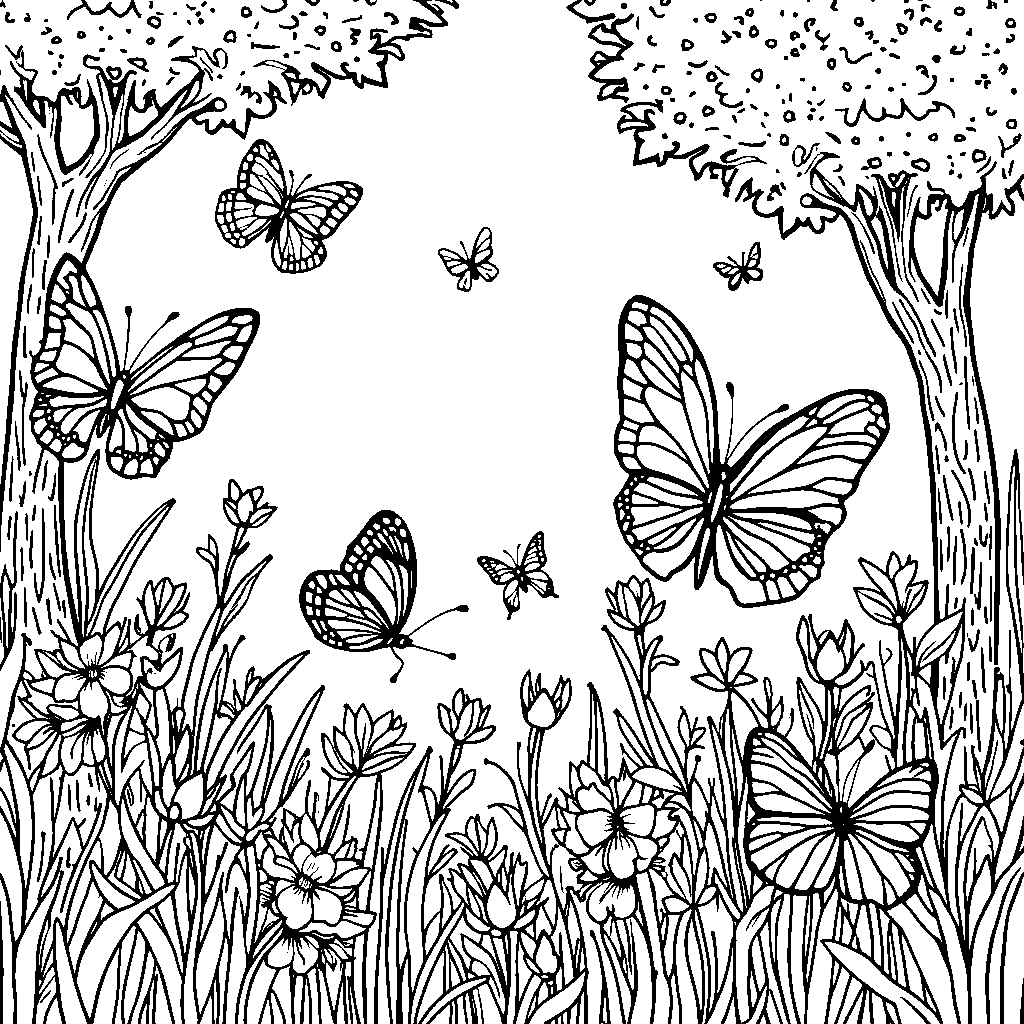 A beautiful butterfly garden with flowers and trees