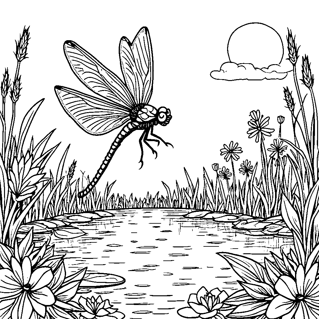 A beautiful dragonfly hovering above a pond