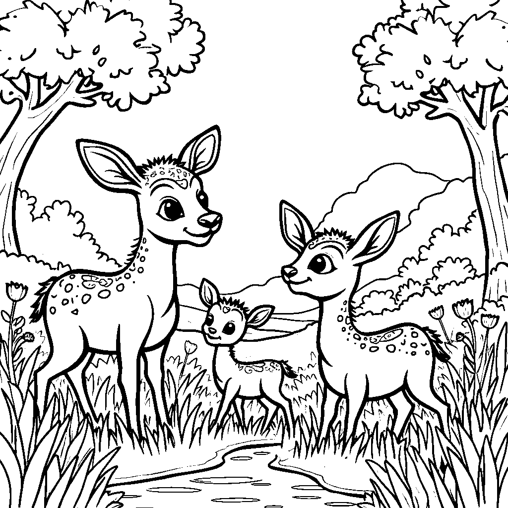 A family of deer playing in a meadow