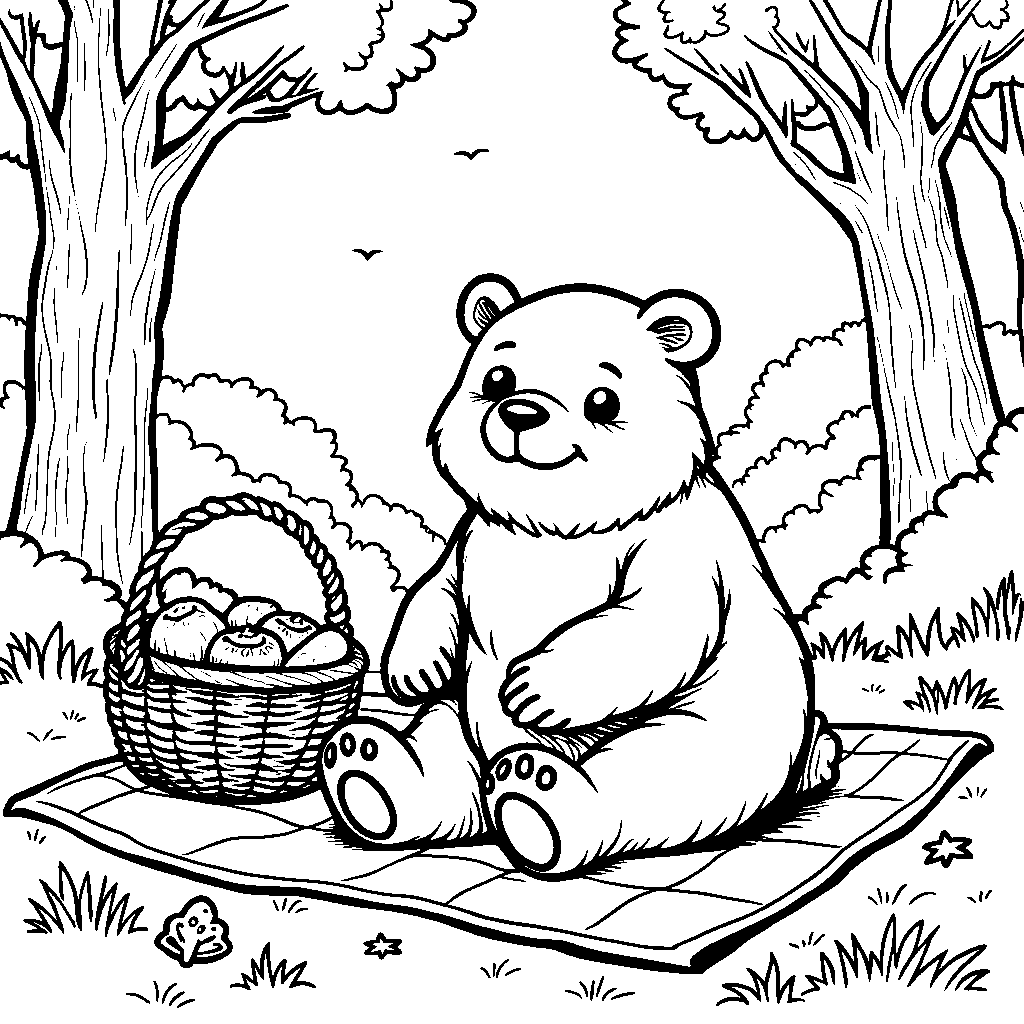 A happy bear enjoying a picnic in the woods