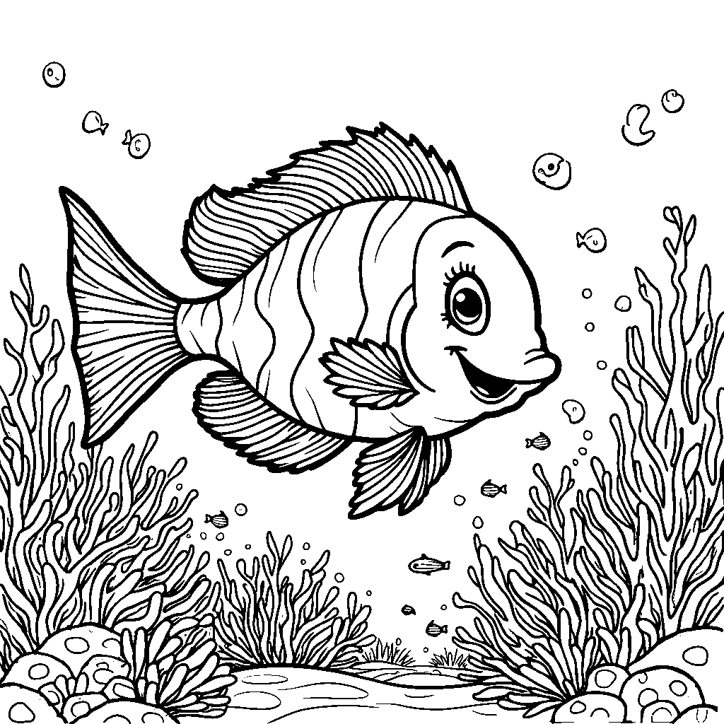 A happy fish swimming in a coral reef