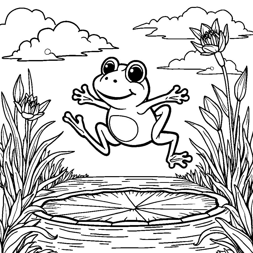 A happy frog jumping across a lily pad