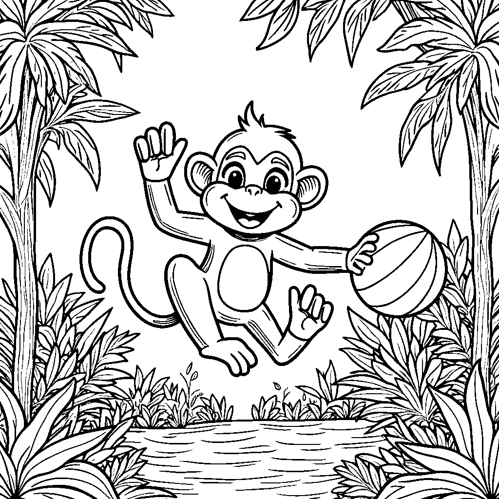 A happy monkey playing with a ball in the jungle