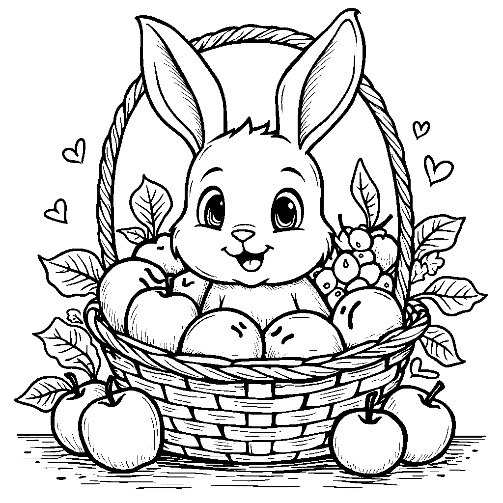 A happy rabbit enjoying a basket of fresh fruit