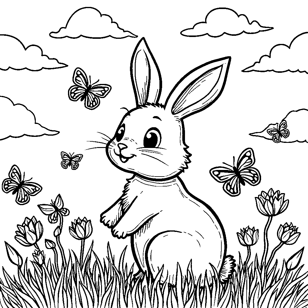 A happy rabbit surrounded by colorful butterflies